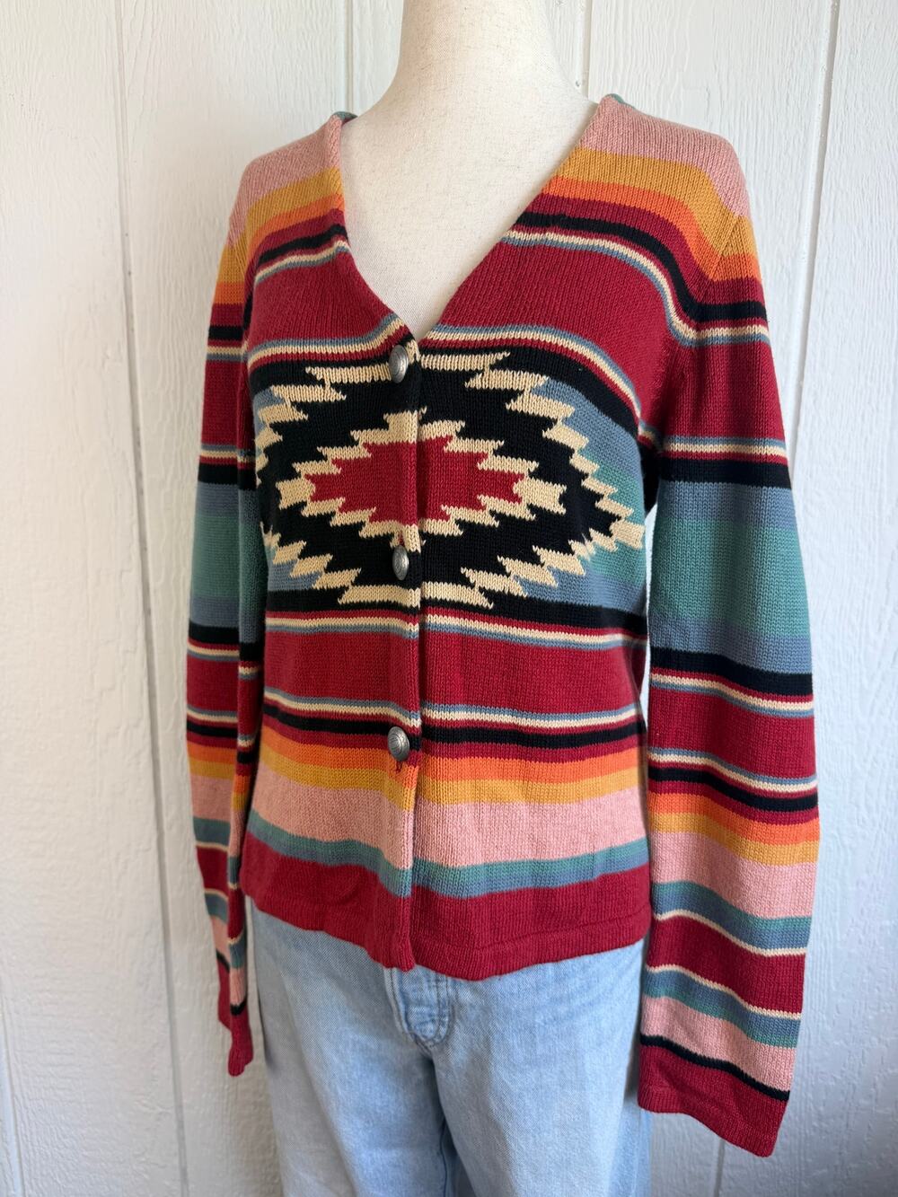 American Living Aztec Striped Cardigan Sweater Women L Native American Midwest